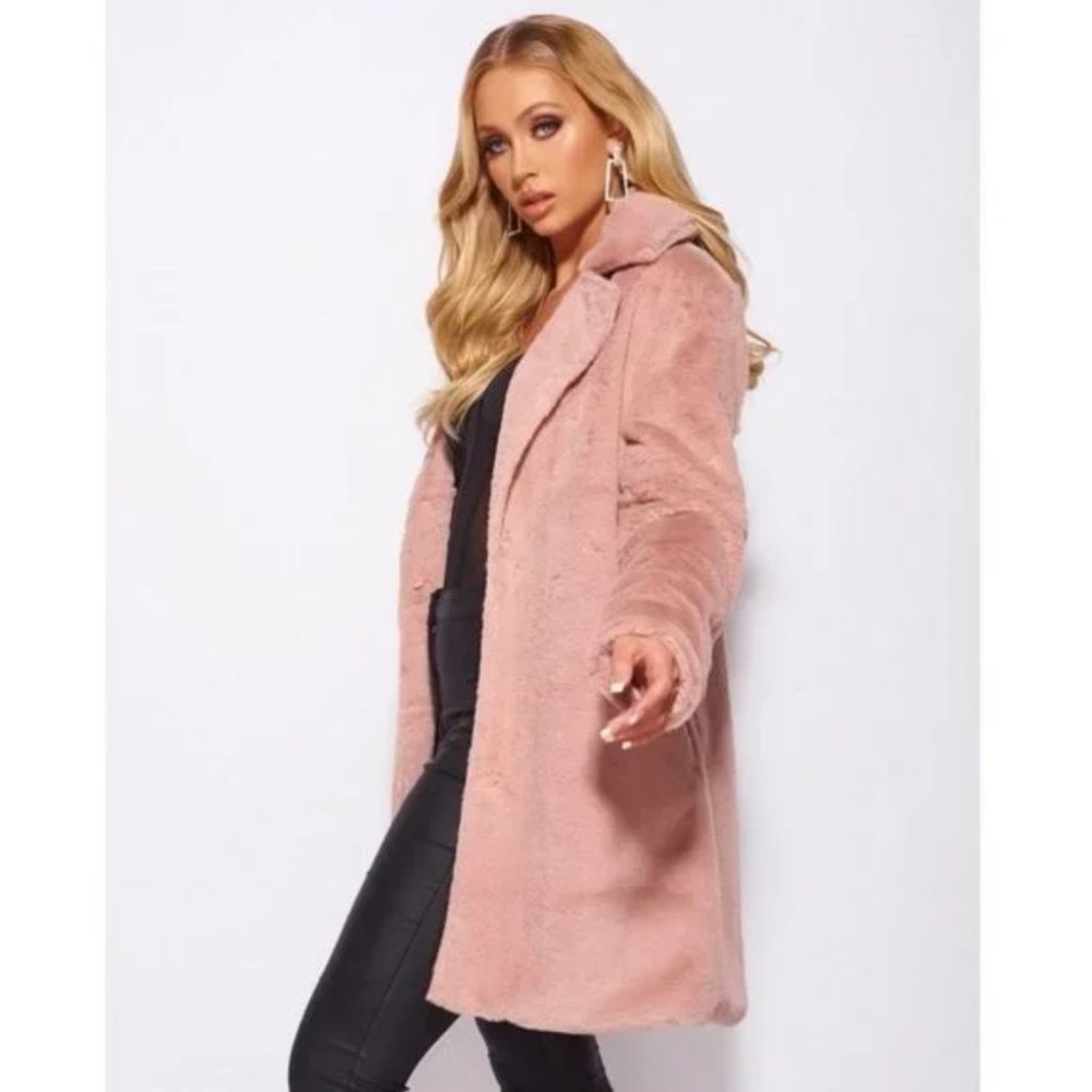 Pink Faux Fur Long Sleeve Lapel Collar Loose Fit Oversized Coat - Picture 7 of 17